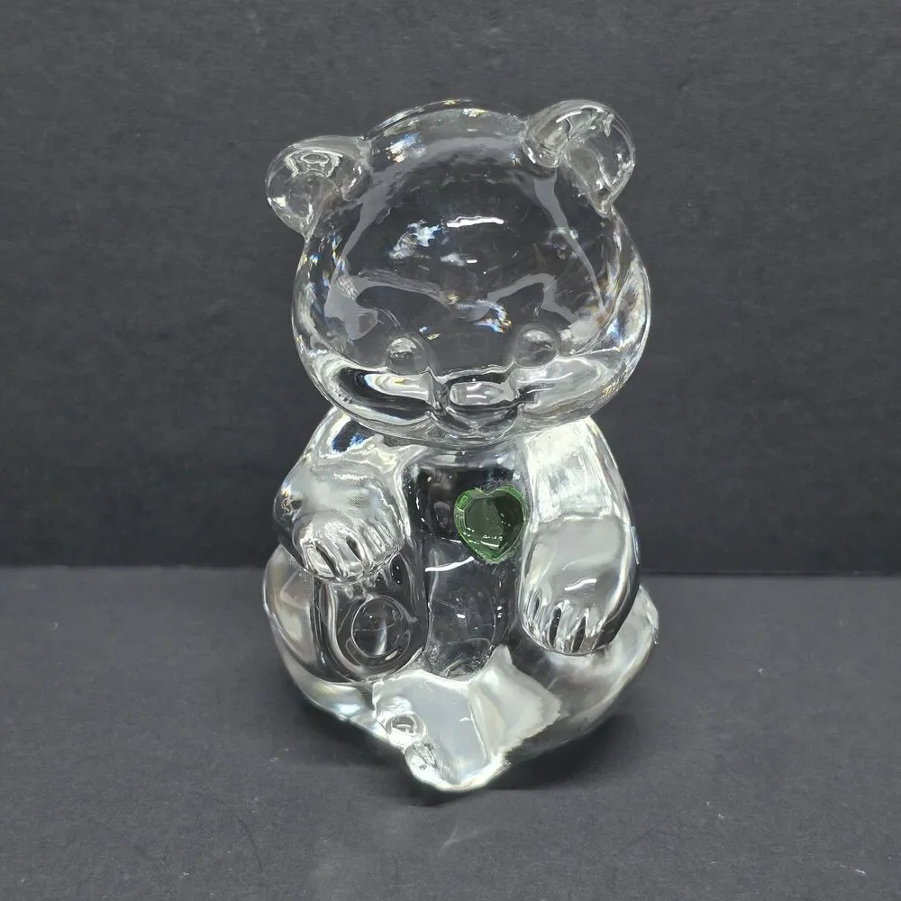 Fenton Art Glass Birthday Clear Teddy Bear August Green Uranium Heart